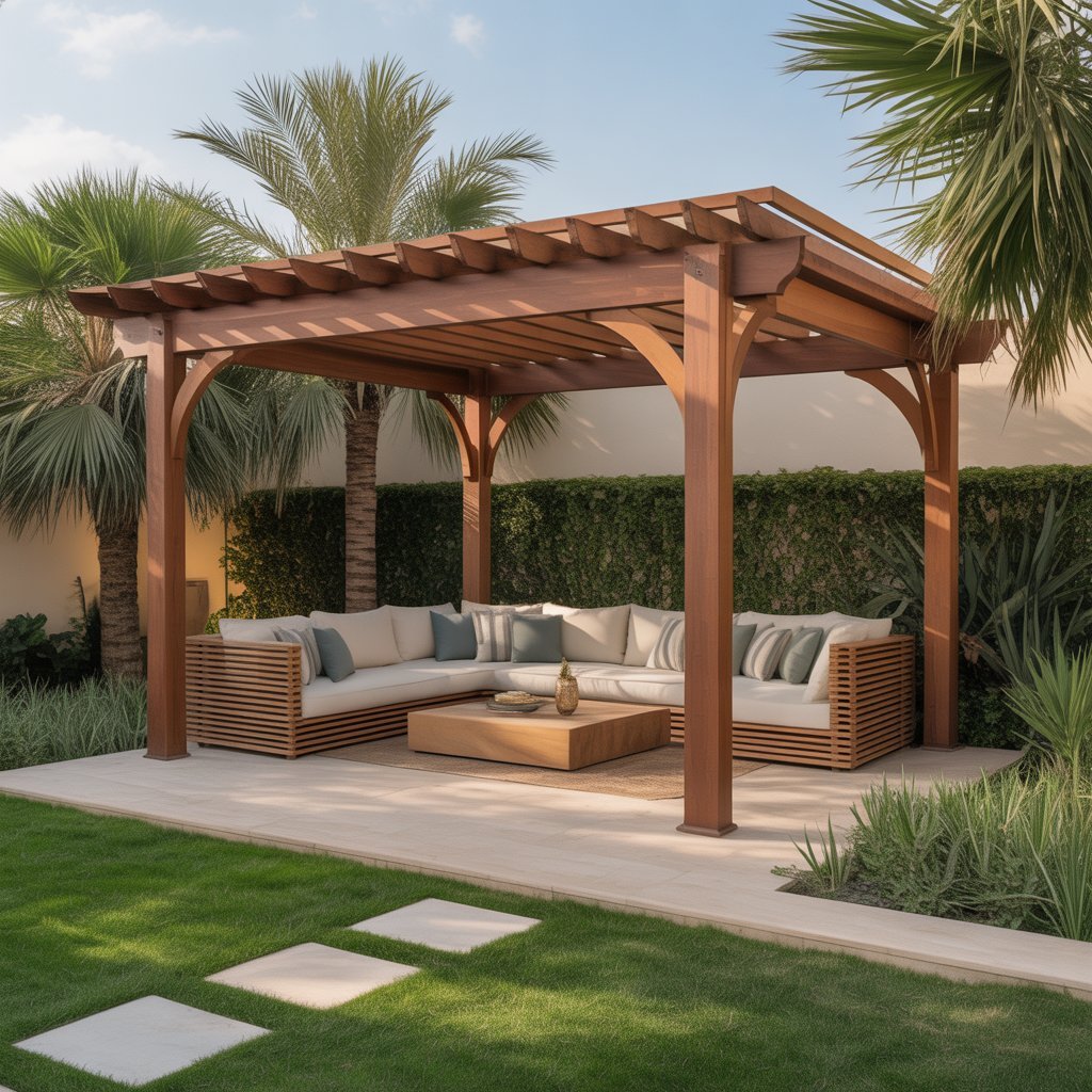 A wooden pergola with outdoor seating in a landscaped Dubai backyard.