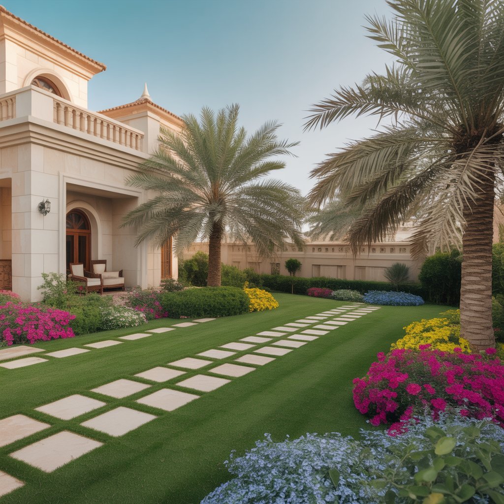 A landscaped villa garden in Dubai, with green grass, pathways, and flowering plants.
