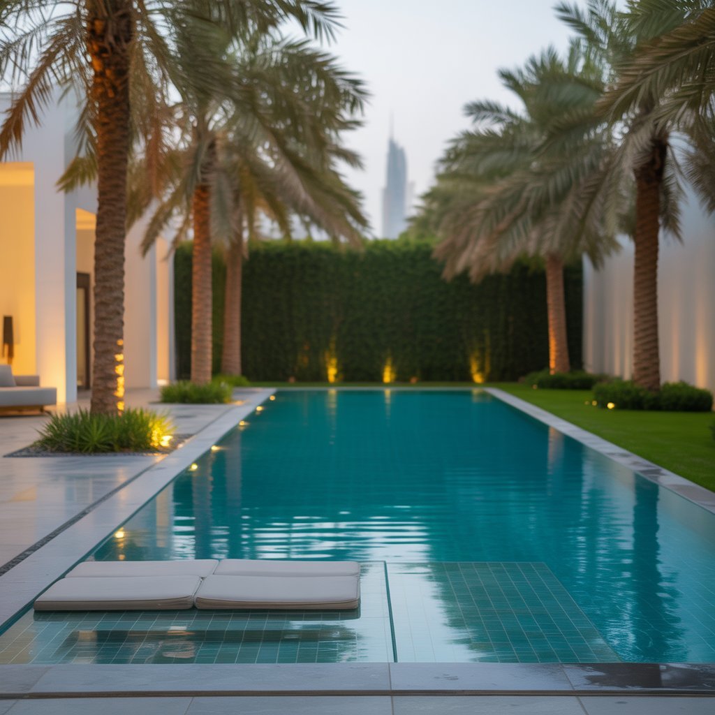A modern drip irrigation system watering plants in a landscaped villa garden.